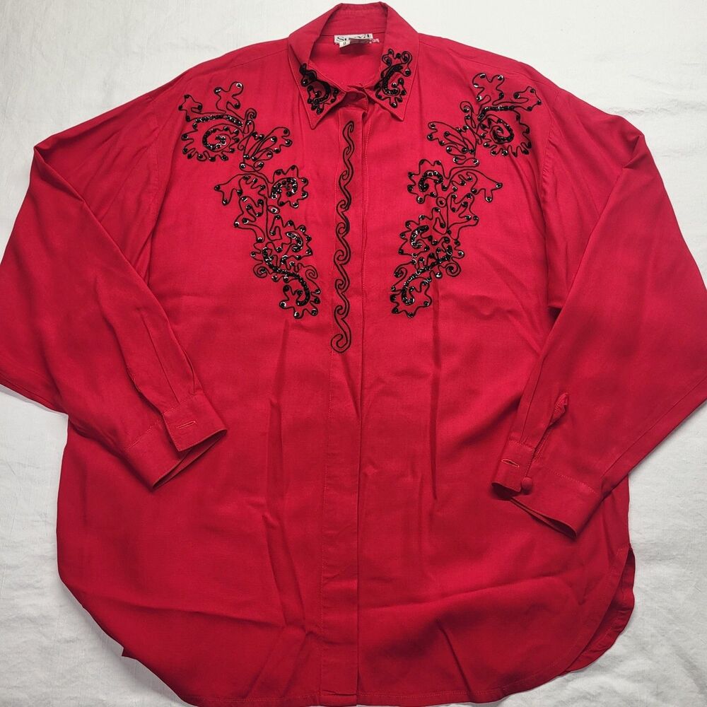 Surya Button Top Medium Boho Artsy Eclectic Red Oversized Rayon Vintage